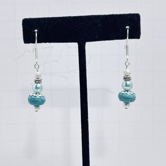 Unbranded Jewelry - Silver Plated, Faux Turquoise & Faux Pearl Pierced Dangle Earrings (5719-1-2)
